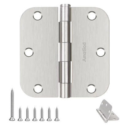 Picture of AmzGod Door Hinges Brushed Nickel - 3 Pack Nickel Door Hinges 3.5 Inch Rounded Interior Satin Nickel Door Hinges with 5/8" Radius - Flat Iron Residential Standard 3 1/2 Inches Silver Door Hardware