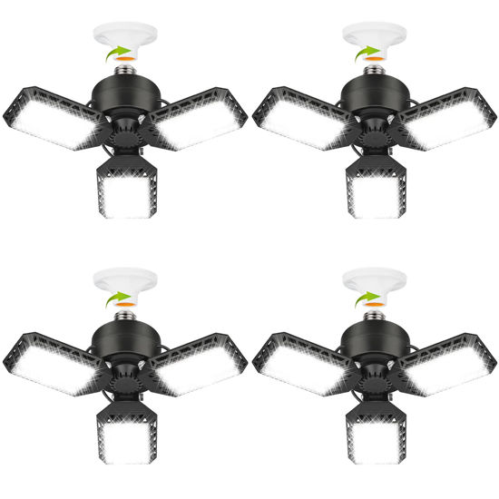 Picture of 4 Pack Led Garage Lights, 60W Deformable Garage Ceiling Light 8000lm E26 Basement Lights with 3 Adjustable Led Panels 270° - Fits for Garage, Warehouse, Barn, Workshop and Yard (No Motion Activated)