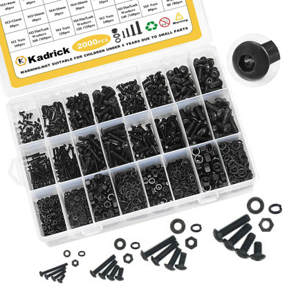 Picture of Kadrick Metric Screw Assortment, 2000PCS Metric Bolt Assortment Kit M2 M3 M4 M5 Machine Screws with Lock & Flat Washers, Grade 10.9 Alloy Steel Hex Socket Button Head Black Screws Nuts and Bolts Kit
