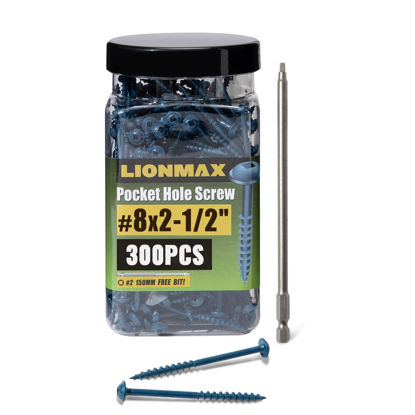 Picture of Pocket Hole Screws 2-1/2 Inch, LIONMAX Pocket Screws #8 x 2-1/2" 300PCS for Exterior, Blue Coated Pocket Hole Screw, Coarse Thread, Washer Head with Square Drive, 150MM Drive Bit Included