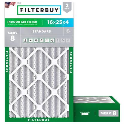 Picture of Filterbuy 16x25x4 Air Filter MERV 8 Dust Defense (2-Pack), Pleated HVAC AC Furnace Air Filters Replacement (Actual Size: 15.50 x 24.50 x 3.63 Inches)