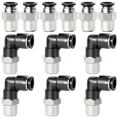 Picture of TAILONZ PNEUMATIC Elbow and Straight Combination 1/4 Inch Tube OD x 1/4 Inch NPT Thread Push to Connect Fittings PC-1/4-N2+PL-1/4-N2(Pack of 12)