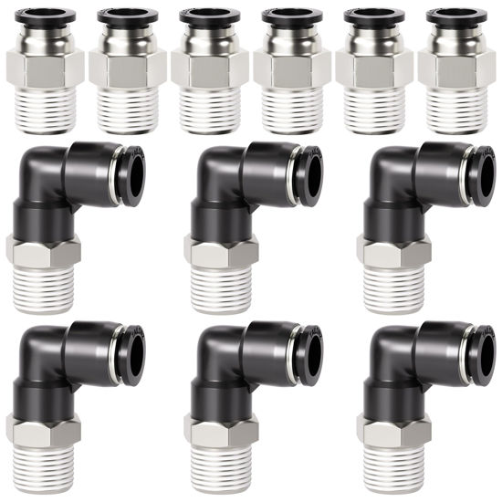 Picture of TAILONZ PNEUMATIC Elbow and Straight Combination 1/4 Inch Tube OD x 1/4 Inch NPT Thread Push to Connect Fittings PC-1/4-N2+PL-1/4-N2(Pack of 12)