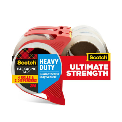 Picture of Scotch Heavy Duty Shipping Packing Tape, Clear, Holiday Shipping Supplies, 1.88 in. x 54.6 yd., 4 Tape Rolls with 4 Dispensers