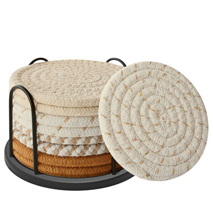 Picture of Lazebox Coasters Set of 8 for Drinks, Beer, Coffee, Cotton Woven 4 Colors Absorbent Coaster with Holder, Boho Coasters for Home Decor Tabletop Protection Suitable for Kinds of Cups, Coffee