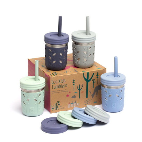 Picture of Elk and Friends Stainless Steel Cups | 10 oz Mason Jar design | Kids & Toddler Cups with Silicone Sleeves & Straws with Stopper | Smoothie Cups