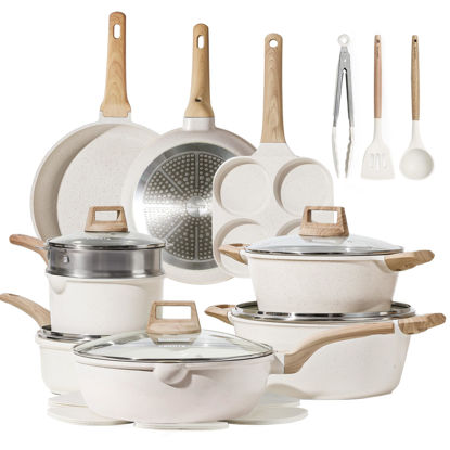 Picture of CAROTE 21Pcs Pots and Pans Set, Nonstick Cookware Sets, White Granite Induction Cookware Non Stick Cooking Set w/Frying Pans & Saucepans(PFOS, PFOA Free)