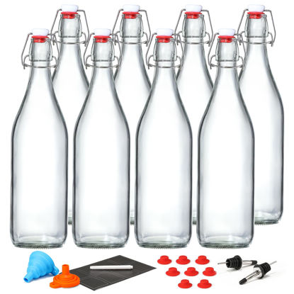 Picture of 8 Pack [1 Liter / 33 fl. oz.] Swing Top Glass Bottles w/ Airtight Stopper Lids - Flip Top Brewing Bottle for Fermentation, Kombucha, Mead, Vinegar, Beer, Kefir, Wine - With 8 Extra Seals & 2 Pourers