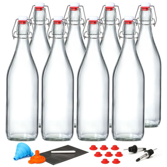 Picture of 8 Pack [1 Liter / 33 fl. oz.] Swing Top Glass Bottles w/ Airtight Stopper Lids - Flip Top Brewing Bottle for Fermentation, Kombucha, Mead, Vinegar, Beer, Kefir, Wine - With 8 Extra Seals & 2 Pourers