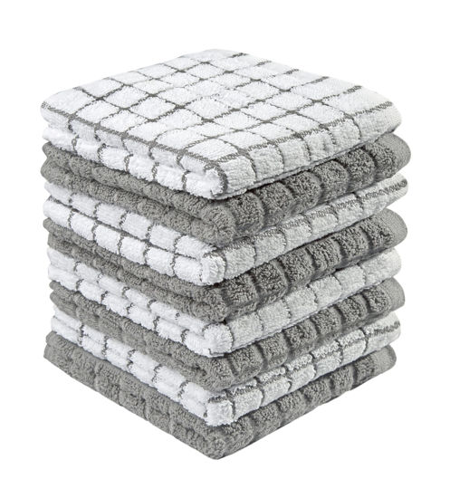 Picture of Bumble Premium Cotton Dish Cloths (12" x 12") Grey Check Design | Highly Absorbent | Natural Ring Spun Cotton | Kitchen Dish Towel Set | 380 GSM - 8 Pack