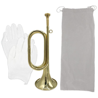 Picture of Cheerock 1 Pcs Gold Plated Bugle, Brass Cavalry Trumpet Bugle Horn, Brass Bugle Instruments with Bag & Gloves for Military Orchestra and Festival Atmosphere Performances