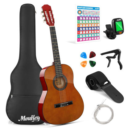 Picture of Moukey 36" Acoustic Guitar for Beginners Kids Youth 3/4 Size Dreadnought Travel Guitarra Acustica Kit with Chord Poster, Gig Bag, Tuner, Picks, Nylon Strings, Capo, Strap - Brown