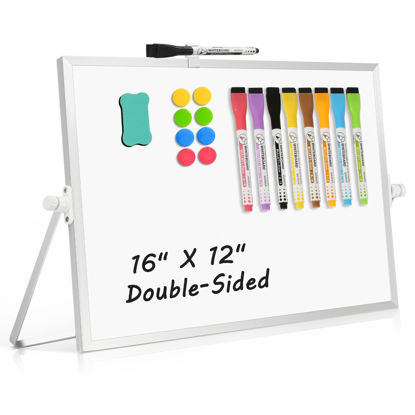 Picture of AMUSIGHT Dry Erase Magnetic White Board, 16" x 12" Double-Sided Desktop Whiteboard with Stand, Portable Small Whiteboard Set for Drawing, Office, Home, School