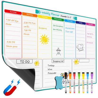 Picture of MaxGear Weekly Dry Erase Board for Fridge, Magnetic Calendar Whiteboard Planner for Refrigerator with Stain Resistant Technology, Include 7 Fine Point Markers and 1 Eraser, 16"x12"
