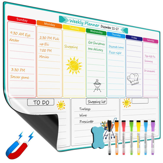 Picture of MaxGear Weekly Dry Erase Board for Fridge, Magnetic Calendar Whiteboard Planner for Refrigerator with Stain Resistant Technology, Include 7 Fine Point Markers and 1 Eraser, 16"x12"