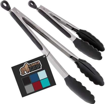 Picture of Gorilla Grip Stainless Steel Heat Resistant Kitchen Tongs for Cooking, 9 + 12 Inch, Set of 2 BBQ Tong, Non Scratch Silicone Tip for Pan, Strong Grip, Grab Food, Toss Salad, Air Fryer, Pull Lock, Black