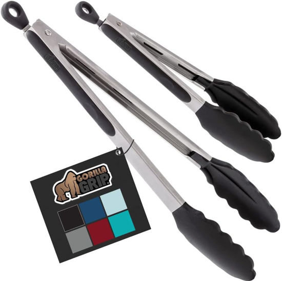 Picture of Gorilla Grip Stainless Steel Heat Resistant Kitchen Tongs for Cooking, 9 + 12 Inch, Set of 2 BBQ Tong, Non Scratch Silicone Tip for Pan, Strong Grip, Grab Food, Toss Salad, Air Fryer, Pull Lock, Black