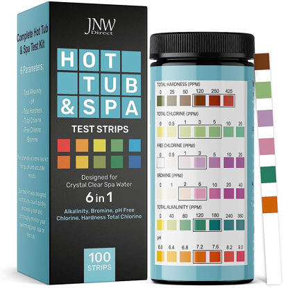 Picture of Hot Tub and Pool Test Strips - 6in1 Quick & Accurate Hot Tub, Spa, Pool Test Strips - 100 Water Test Strips, Water Test Kit with E-Book - Test Chlorine, Bromine, pH, Hardness, Alkalinity - JNW Direct