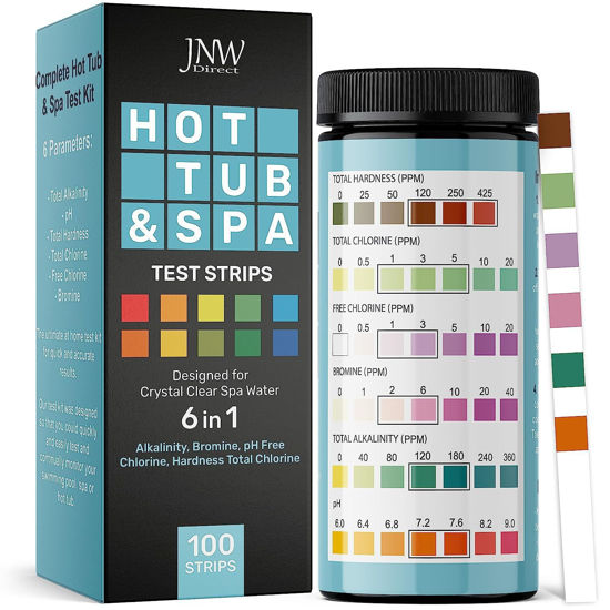 Picture of Hot Tub and Pool Test Strips - 6in1 Quick & Accurate Hot Tub, Spa, Pool Test Strips - 100 Water Test Strips, Water Test Kit with E-Book - Test Chlorine, Bromine, pH, Hardness, Alkalinity - JNW Direct