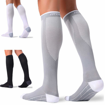 Picture of FITRELL 3 Pairs Compression Socks for Women and Men 20-30mmHg- Circulation and Muscle Support Socks for Travel, Running, Nurse, Knee High Socks, Medical Black+White+Grey S/M