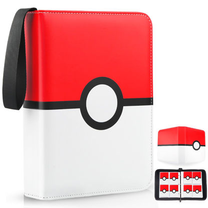 Picture of Card Binder 4 Pocket, Trading Card Holder Fits 400 Cards With 50 Removable Sleeves, Portable Collection Card Ablum, Game Card Case book With Zipper for Gift, Red