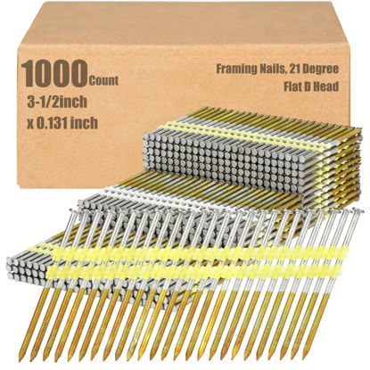 Picture of Therwen Framing Nails, 21 Degree, Flat D Head, Galvanized, Ring Shank, Plastic Row Fixed, 21 Degree Framing Nails for Use in All Pressure Treated Lumber (1000 Count,3-1/2 Inch X 0.131 Inch)