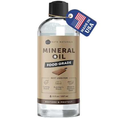 Picture of Kate Naturals Mineral Oil for Wood Cutting Board, Butcher Block, and Knife. Food Grade Mineral Oil for Wooden Cutting Board & Utensils (8oz, Food Safe)