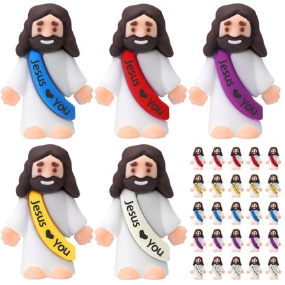 Picture of Bememo 25 Pcs Little Jesus Figures Original Design Jesus Love You Mini Rubber Jesus Toys to Hide and Seek Religious Party Favors Sunday School Baptism Gifts Stuffers(Lively Colors)