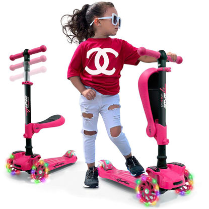 Picture of Hurtle Kids Scooter - Child Toddler Kick Scooter Toy with Foldable Seat - 3 Wheel Scooter with Adjustable Height, Anti-Slip Deck, Flashing Wheel Lights, for Boys/Girls 1-12 Year Old, Pink