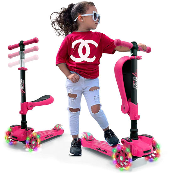 Picture of Hurtle Kids Scooter - Child Toddler Kick Scooter Toy with Foldable Seat - 3 Wheel Scooter with Adjustable Height, Anti-Slip Deck, Flashing Wheel Lights, for Boys/Girls 1-12 Year Old, Pink