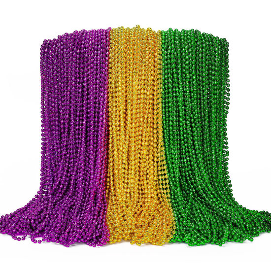 Picture of 100PCS Mardi Gras Beads, Green Purple Gold Metallic Mardi Gras Beads Necklaces Accessories Bulk, Mardi Gras Carnival Beads Necklace Accessories for Parade Throws Party Decorations Supplies Favors