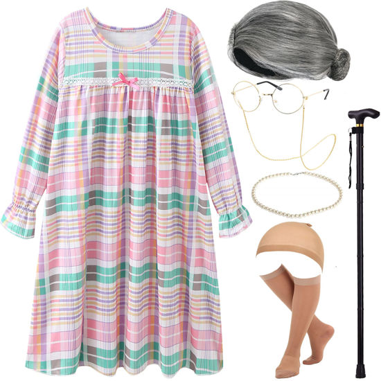 Picture of EBYTOP Old Lady Costume for Kids 100th Day of School Costume Wig 100 Year Granny Glasses Grandma Little Old Women Cane Accessories,4-6 Years
