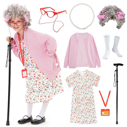 Picture of FAYBOX 9 pcs Old Lady Costume for Kids,100 Days of School Costume Old Lady Wig for Girls, Granny Grandma Dress Up