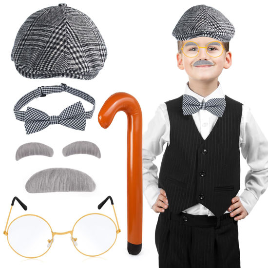 Picture of Yewong Kids Old Man Costume Beret Hat Mustache Eyebrows Inflatable Cane Glasses Bowite Grandpa 100 Days of School Cosplay