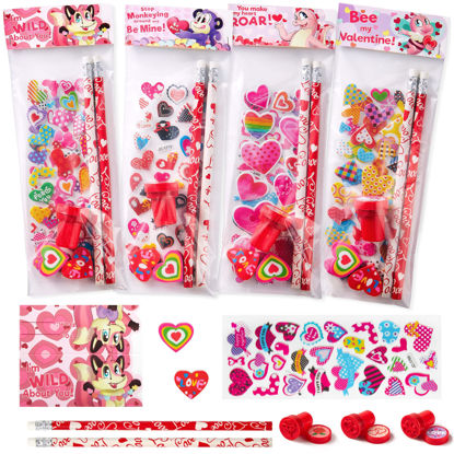 Picture of JOYIN 28 Pack Valentines Day Stationery Kids Gift Set for School Classmates Exchange, Party Favor, Includes Pencils, Erasers, Stamper, Stickers