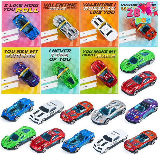 Picture of JOYIN 28 Valentines Day Gifts Cards with Die-Cast Racing Cars Vehicle for Kids Valentine’s School Classroom Exchange Party Favor Gift Supplies