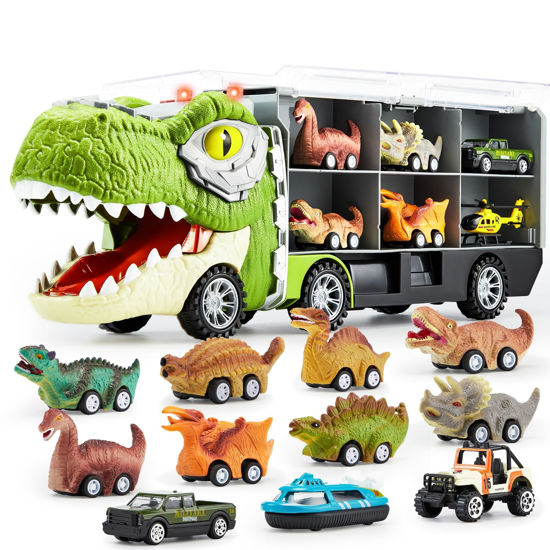 Picture of JOYIN 13 in 1 Dinosaur Toys for Kids 3-5, Dinosaur Truck with 12 Pull Back Cars, Dinosaur Cars Set, Birthday Gifts Toys for 3 4 5+ Year Old Boy, Transport Carrier Truck for Toddlers 3-4 Years