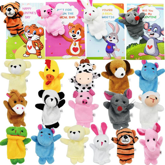 Picture of Valentines Day Cards for Kids, 16 Packs Animal Finger Puppet with Valentines Day Card, Plush Finger Puppet Valentines Sets for Kids Classroom Exchange Prizes, Valentine’s Greeting Cards