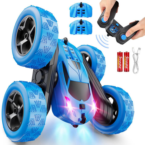 Picture of QUNREDA Remote Control Car, RC Cars Toys for Kids Ages 6-12, 4WD Stunt Car with LED Lights & 360° Flips, 2.4GHz, Upgraded USB-C Modular Batteries, 8-10 Year Old Boys 1-Blue
