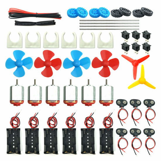Picture of EUDAX 6 Set DC Motors Kit, Mini Electric Hobby Motor 3V -12V 25000 RPM Strong Magnetic with Shaft Propeller, 2 x AA Battery Holder,9V Battery Clip Connector,Plastic Wheels for DIY Science Projects