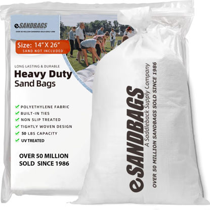 Picture of eSANDBAGS. Heavy Duty Sandbags with Tie Strings | Empty Woven Polypropylene Bags for Flood Control, UV Resistant, 50 lb Capacity, 14x26 inches (10 empty eSandbags)