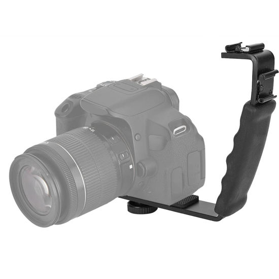 Picture of FLEXMAN Camera L Bracket, Aluminium Alloy Dual Hot Shoes Holder Mount Adapter Mount, 1/4 Thread Heavy Duty L Padded Hand Grip for DV Microphone LED Light Flash