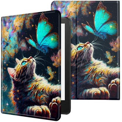 Picture of CGFGHHUY for Kindle Paperwhite Case 6 inch 10th Generation 2018 Lightweight Protective PU Leather Smart Stand Cover with Auto Wake Sleep Case for Kindle Paperwhite E-Reader - Galaxy Cat and Butterfly