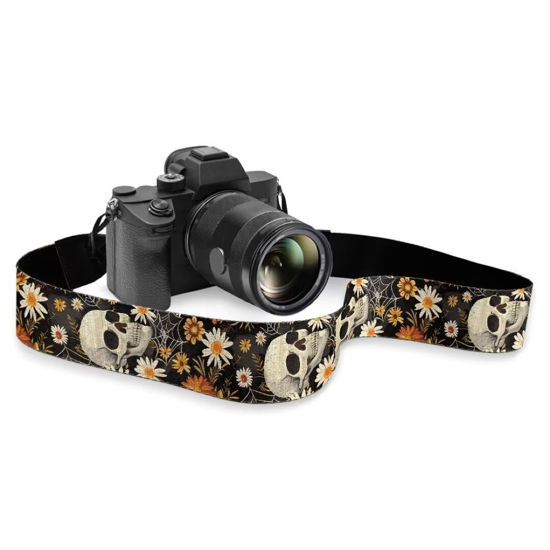 Picture of Coldinair Skull Adjustable Camera Strap,Soft Wide Camera Neck/Shoulder Strap with Genuine Leather Head for All Cameras,Universal Fit,Daisy Spider Web