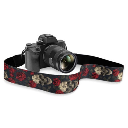Picture of Kathyboom Rose Skull Camera Strap for Photographers, Adjustable Shoulder Straps with Quick Release Buckles for DSLR SLR Camera Neck Strap Fit for Most Cameras
