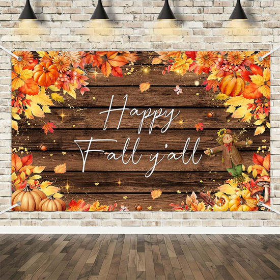 Picture of MEHOFOND Happy Fall Y'all Banner Backdrop Autumn Rustic Wood Photography Background Fall Thanksgiving Pumpkin Maple Leaves Harvest Party Decorations Fall Party Supplies 70.8x43.3 inch