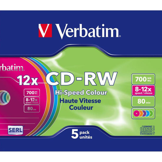 Picture of Verbatim CD-RW 700 MB, Pack of 5 Slim Case, Colourful, CD Blanks Writable, 52x Burning Speed with Long Life, Blank CDs, Audio CD Blank Rewritable, CD Empty