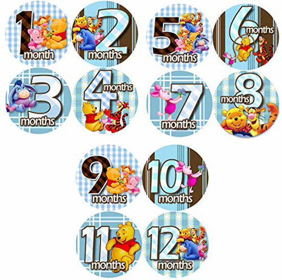 Picture of Baby Monthly Stickers | Blue Winnie Pooh Baby Milestone Sticker | Infant Newborn Boy Photo Prop | Month Bodysuit Stickers for Babies | Cute Winnie Pooh Friends Newborn Monthly Milestones (Set of 12)