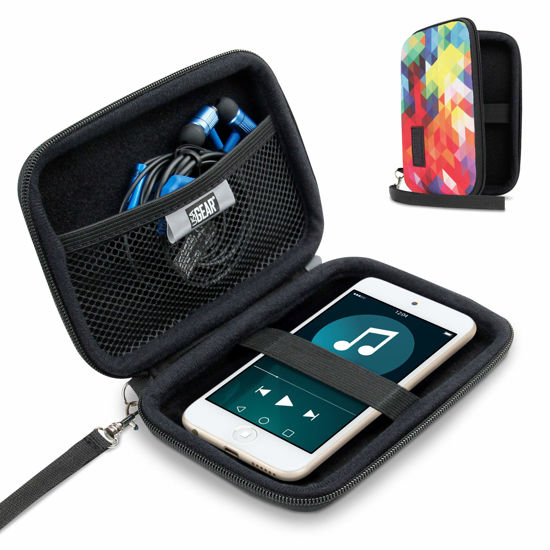 Picture of USA GEAR Hard Shell iPod Travel Case Compatible with Apple iPod Touch (7th Generation, 6th Generation, 5th Generation), MP3 Player Case iPod Case with Water Resistant Exterior, Wrist Strap - Geometric