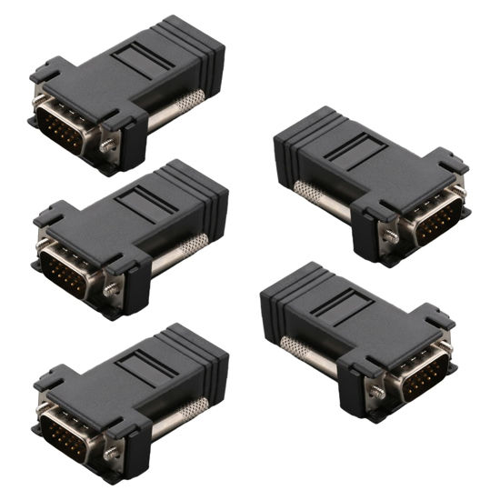 Picture of Heyiarbeit 15-pin 3-Row D-SUB VGA Gender Changer RJ45 to DB15 Mini Gender Changer Coupler Adapter Connector for Serial Applications Black 5pcs